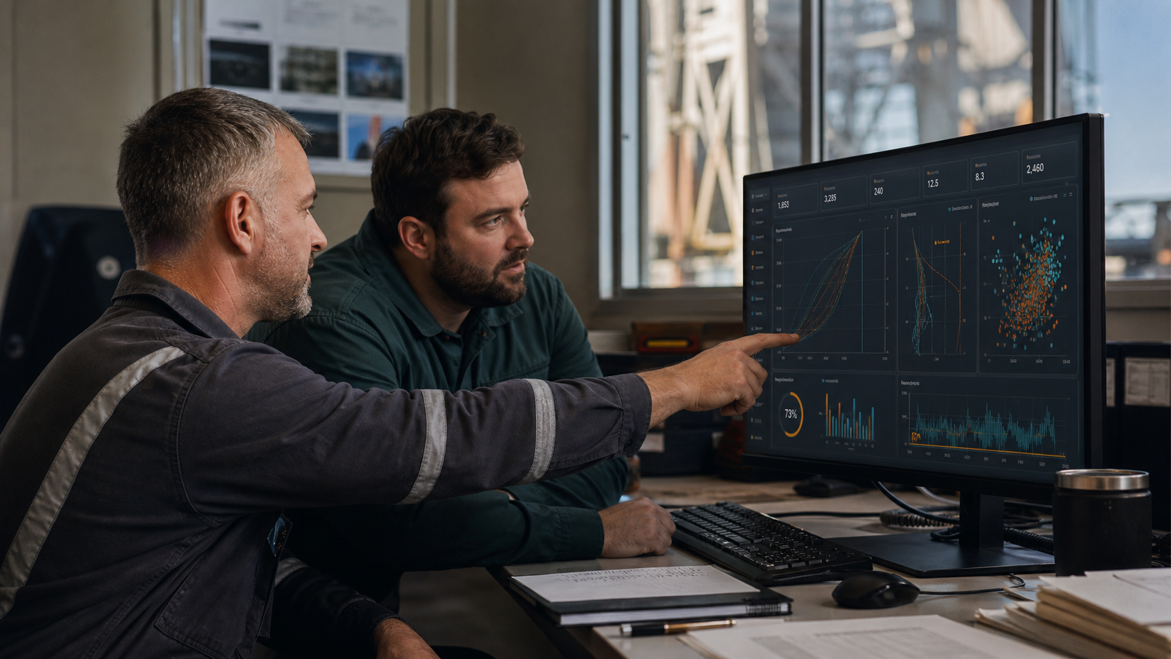 Drilling professionals reviewing well data together