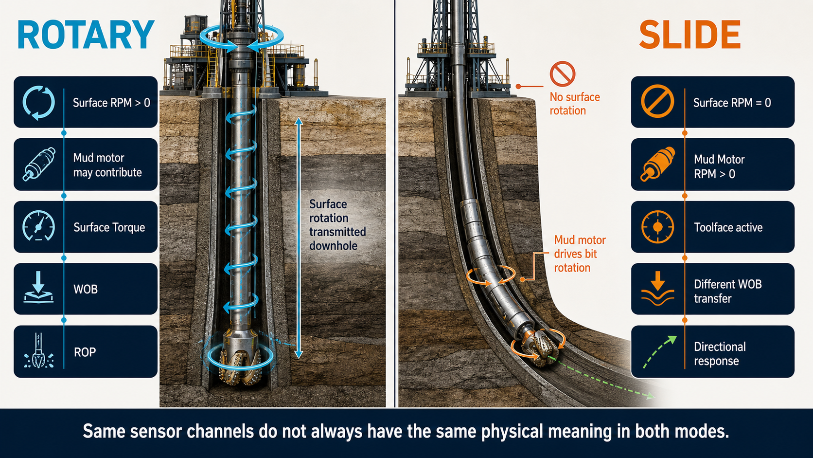Comparison of rotary and slide drilling signal interpretation