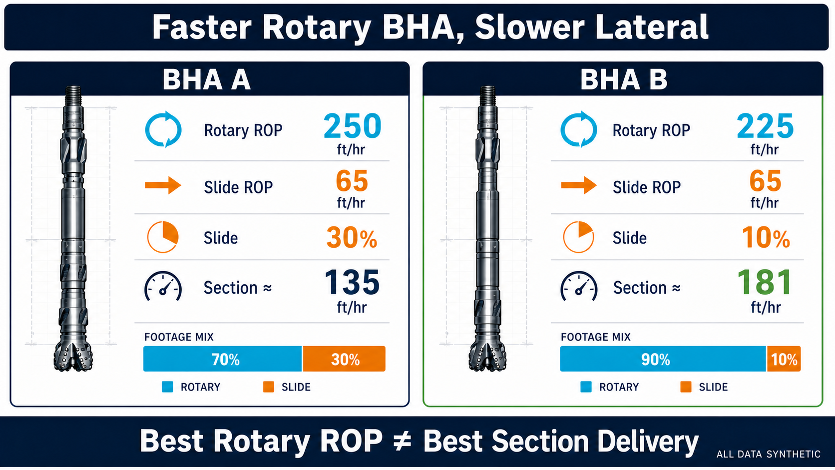 Synthetic BHA comparison showing faster rotary ROP but slower section delivery