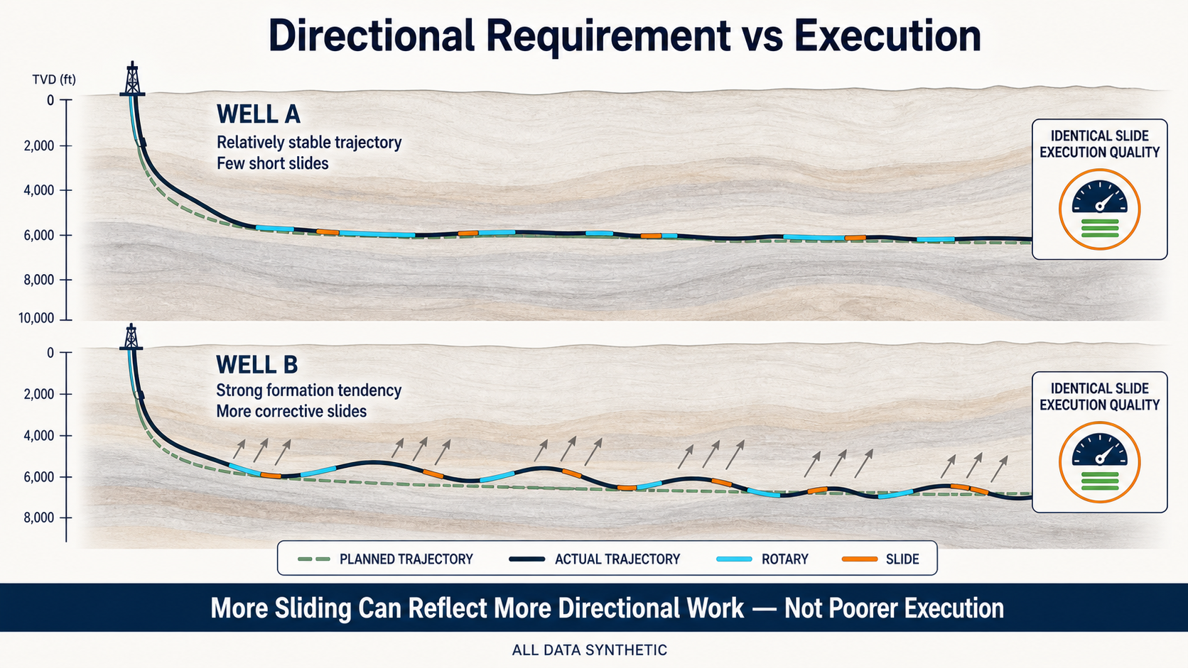 Two synthetic wells with identical slide execution and different directional burden
