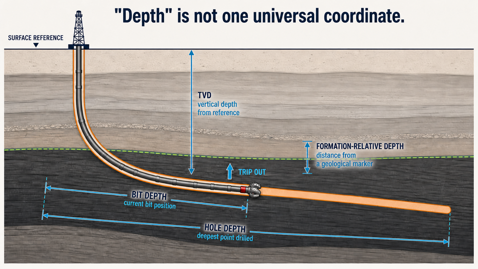 Horizontal-well cross-section distinguishing hole depth, bit depth, TVD, and formation-relative depth.
