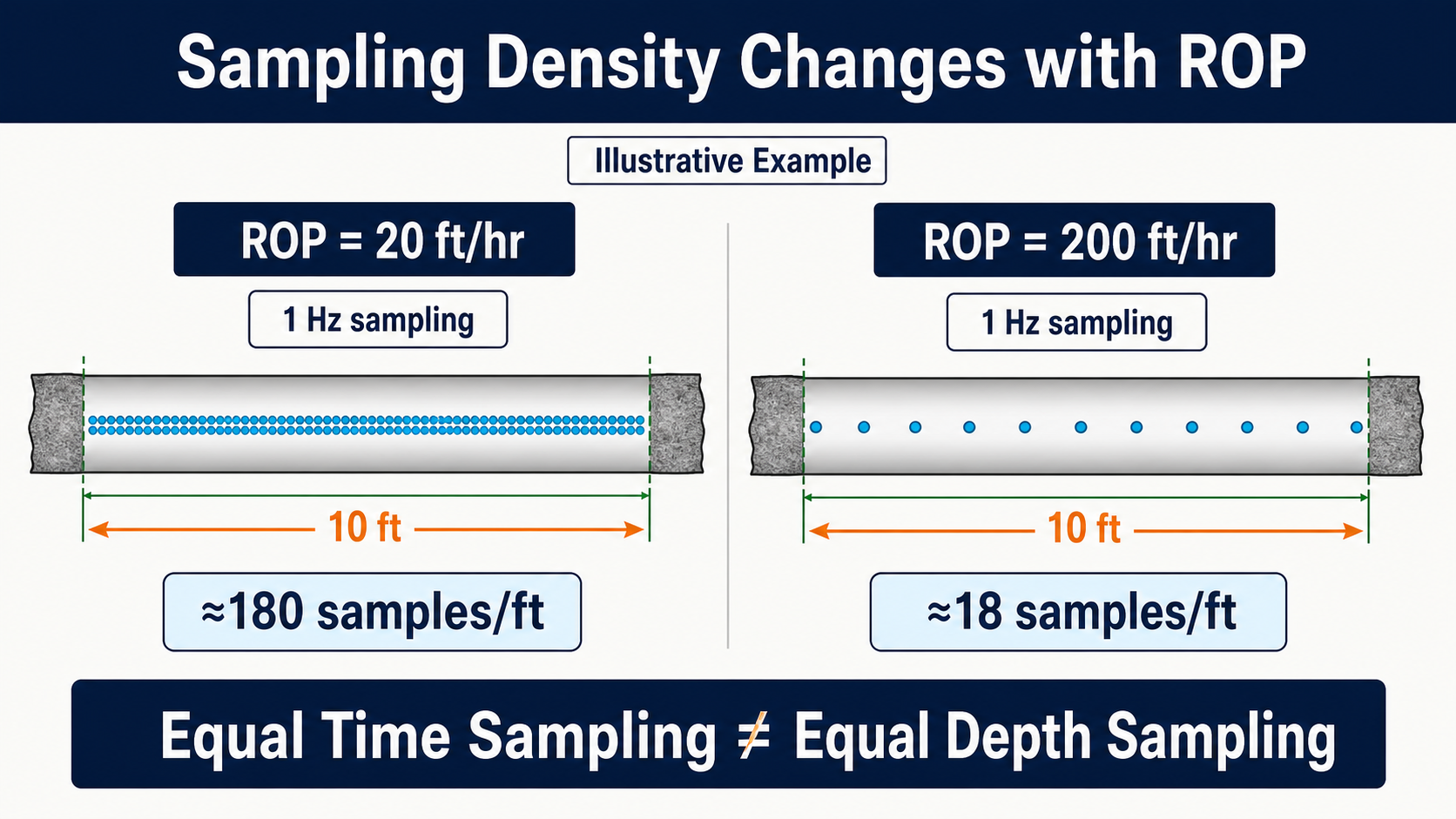 Equal ten-foot drilling intervals showing greater sample density at lower ROP.