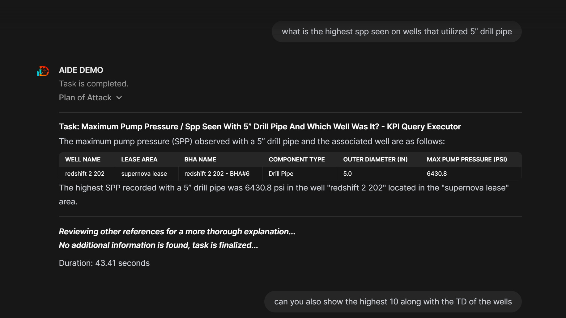 AIDE retrieving pump-pressure evidence through the KPI query tool