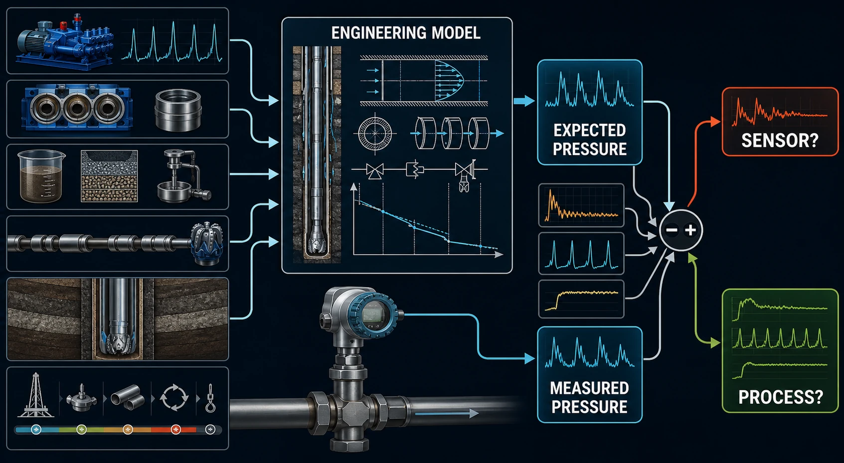 Drilling physics providing an independent expected pressure for comparison with a measured pressure.