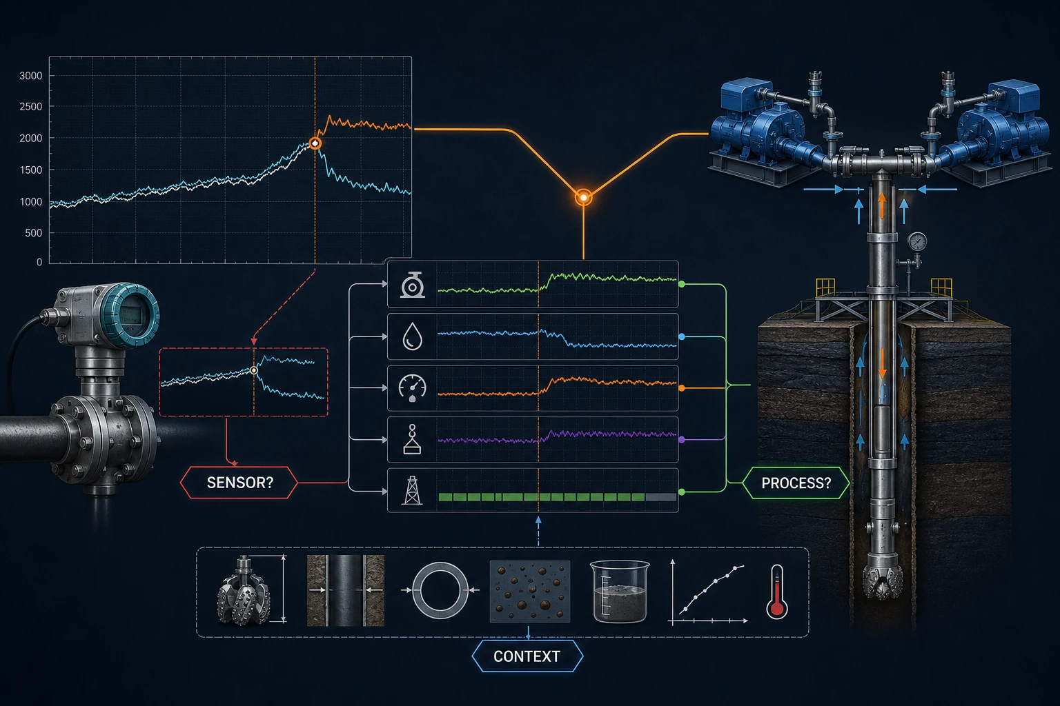 Distinguishing a drilling sensor fault from a real process change using multiple sources of evidence.