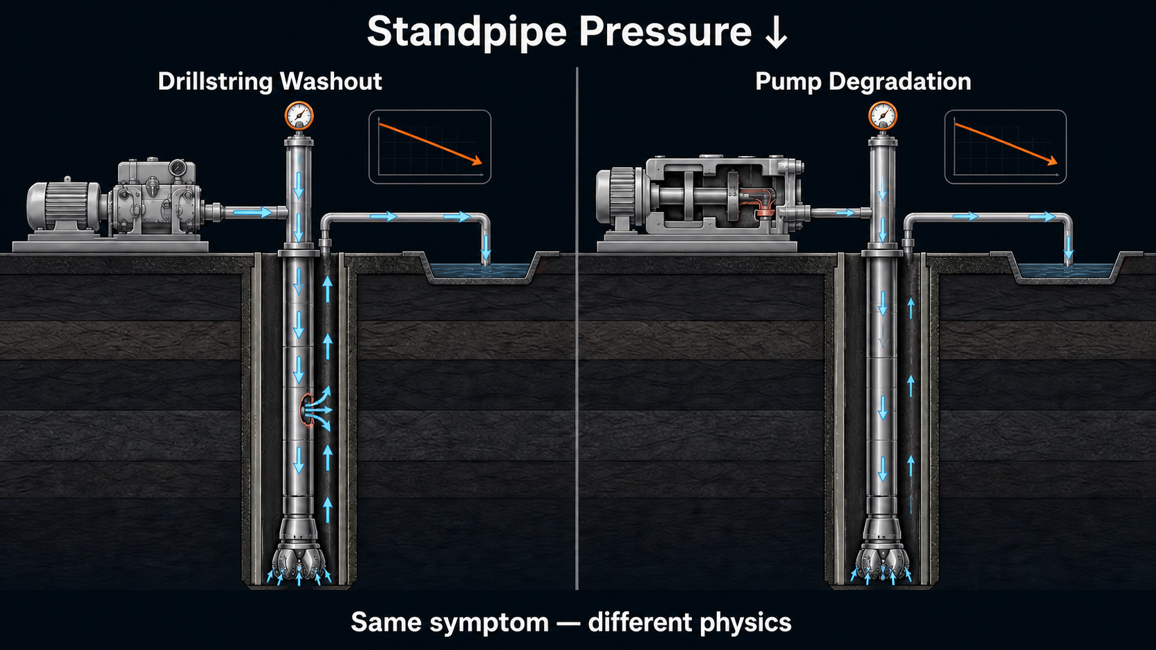 Comparison of a drillstring washout and mud-pump degradation causing the same standpipe-pressure decrease through different hydraulic mechanisms.