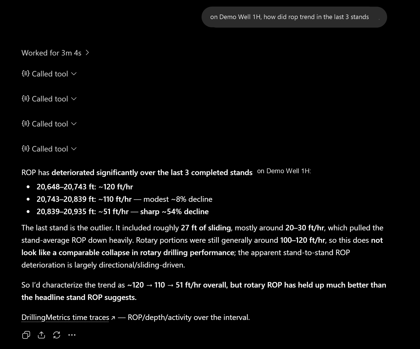 AIDE analysis of ROP over the last three stands on Demo Well 1H.