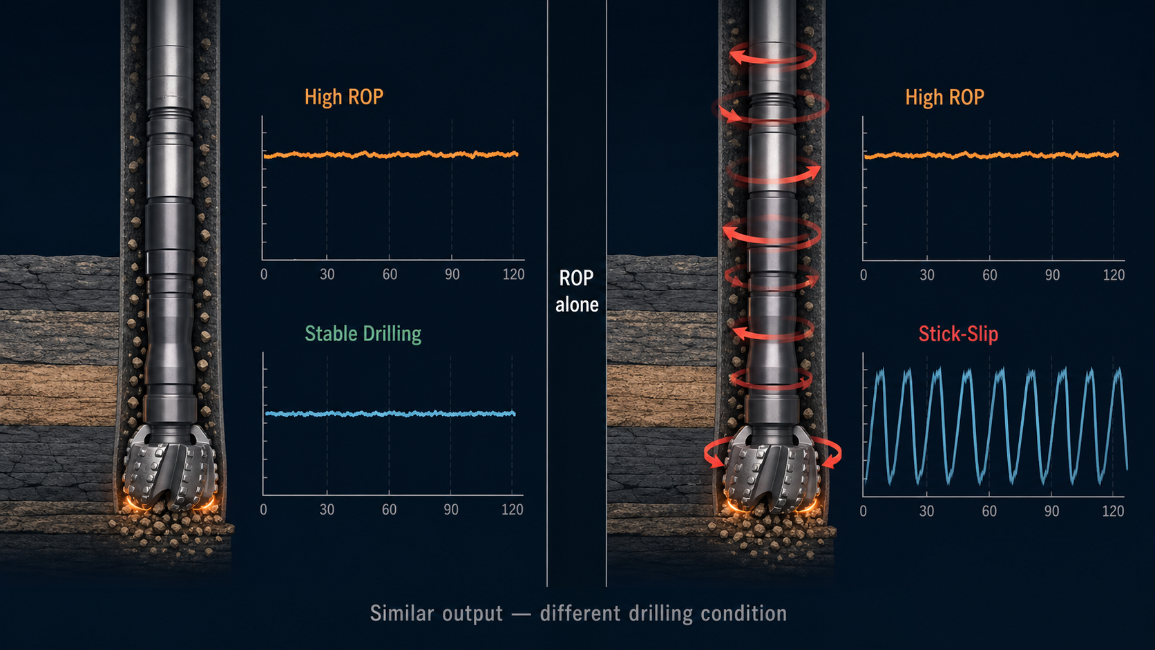 Two drilling intervals with similar high ROP but different torque behavior and drilling efficiency.