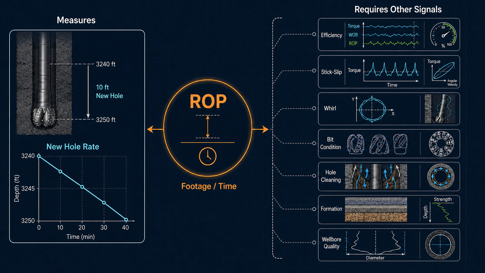 Engineering infographic showing that ROP measures new-hole creation rate while efficiency, drilling dynamics, bit condition, hole cleaning, formation strength, and wellbore quality require additional signals.