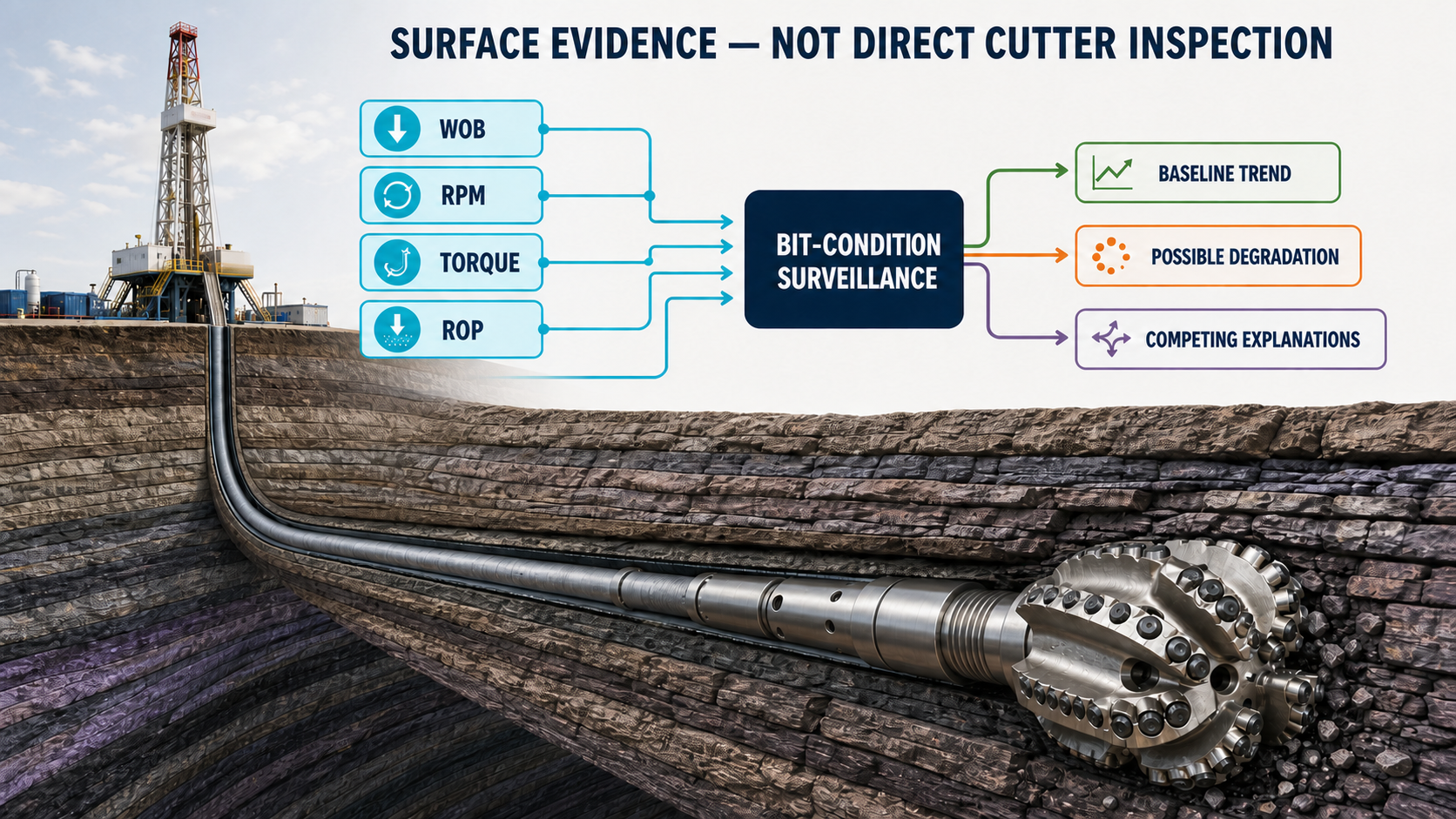 Cutaway horizontal well connecting surface WOB, RPM, torque, and ROP measurements to bit-condition surveillance