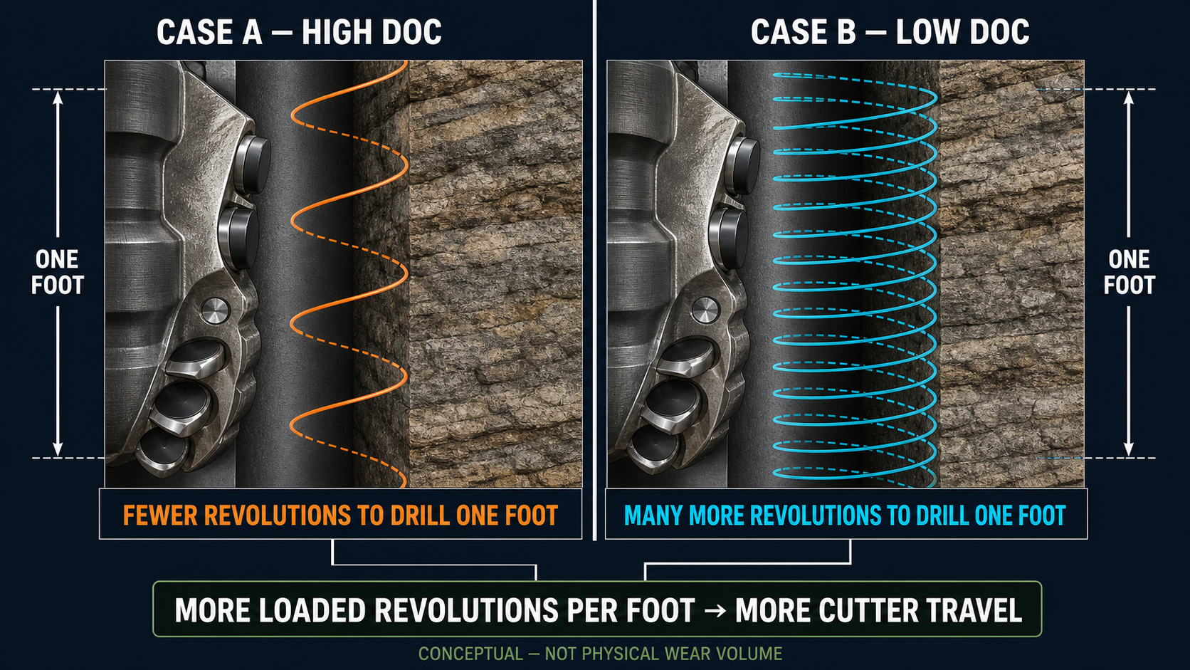 Comparison of high and low depth of cut showing cutter revolutions and travel per foot