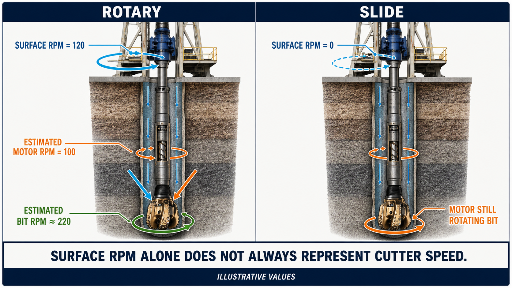 Rotary and slide comparison of surface RPM, estimated motor RPM, and estimated bit RPM