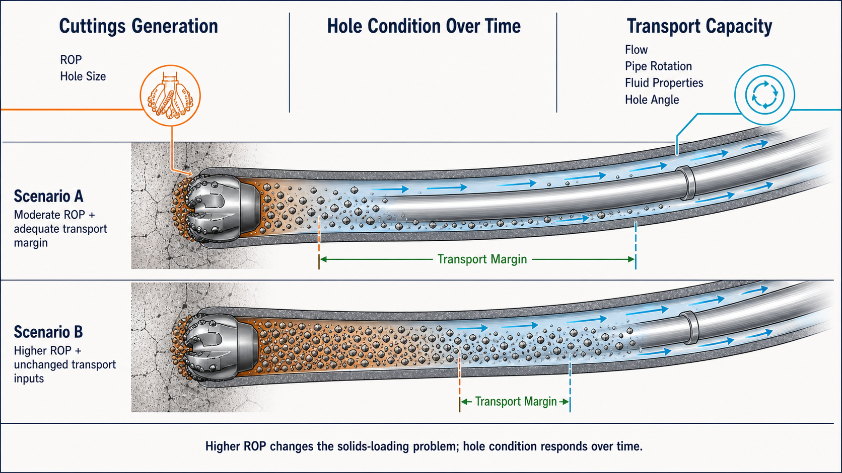 Two-scenario high-angle wellbore comparison showing moderate and higher ROP against unchanged transport inputs, with the transport margin narrowing as cuttings generation increases.