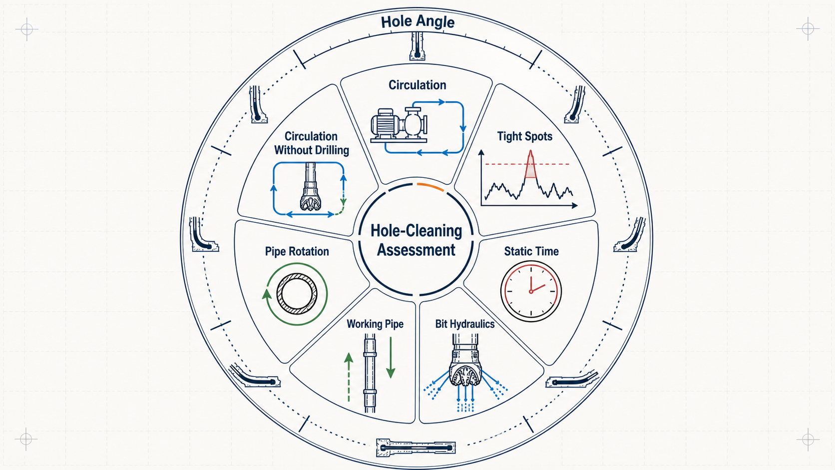 Circular systems-engineering infographic showing seven surface-evidence groups contributing to a hole-cleaning assessment, with hole angle as the contextual outer ring.
