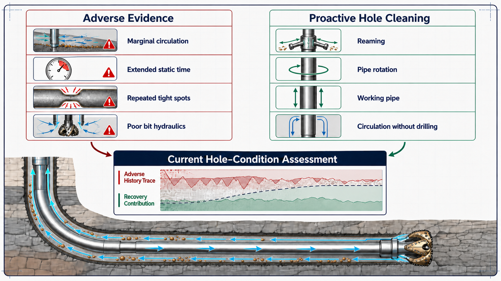 Two-sided engineering infographic showing adverse evidence and proactive hole-cleaning activity feeding a current hole-condition assessment while retaining the influence of prior adverse history.