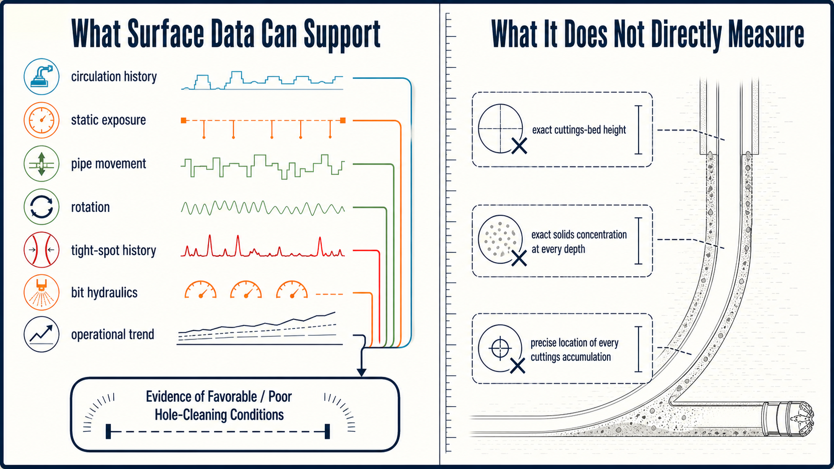 Scientific infographic distinguishing the operational evidence that surface drilling data can support from exact downhole cuttings quantities it cannot directly measure.
