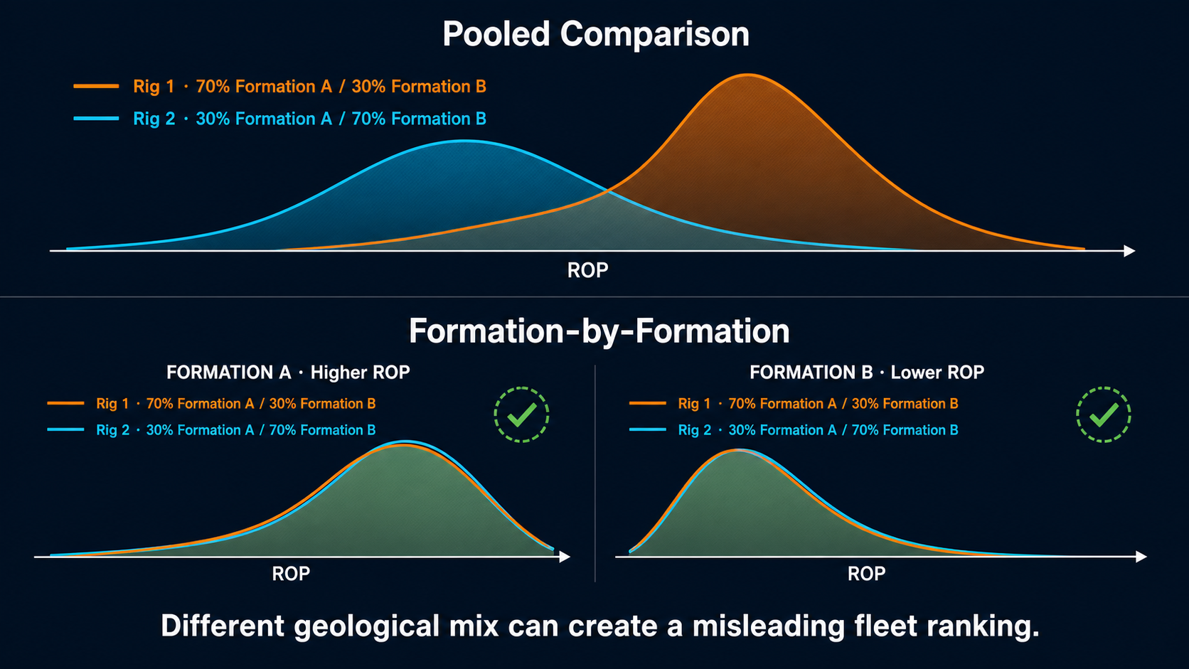 Formation-specific and pooled ROP distributions showing how geological mix can distort rig rankings.