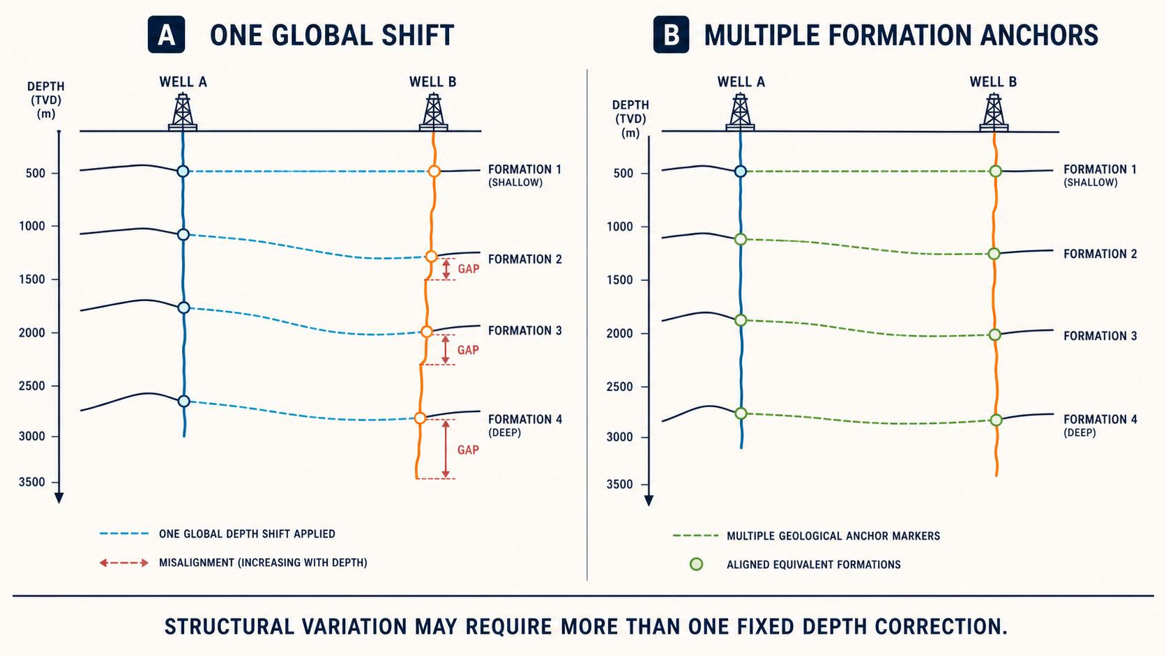 Two wells showing a single global depth shift compared with multiple formation anchors.