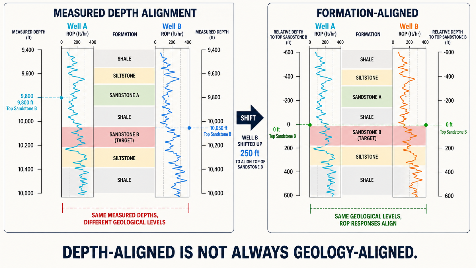 Measured-depth and formation-aligned ROP comparisons for two synthetic wells.