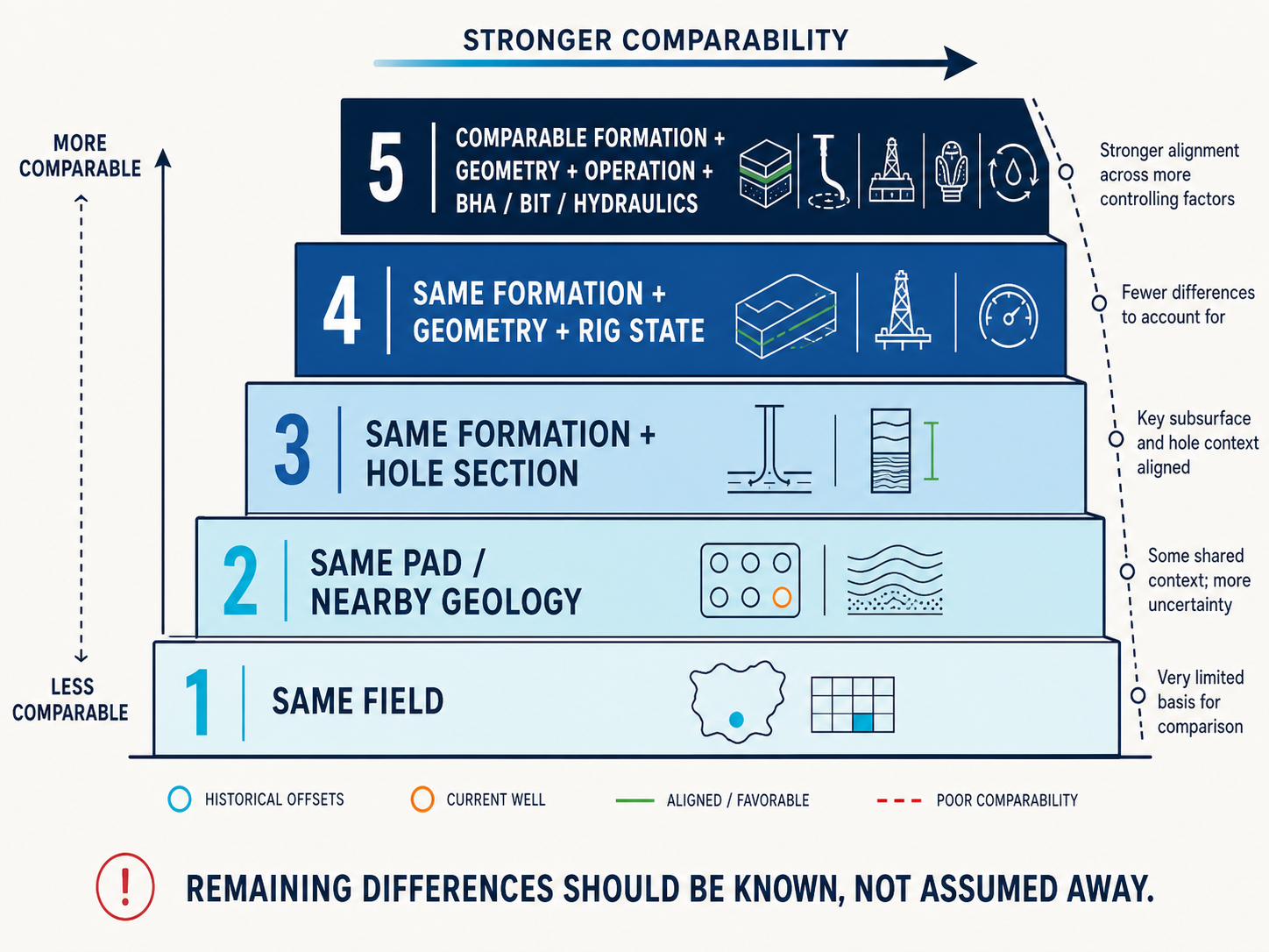 Five-level hierarchy showing progressively stronger offset comparability as geological and operational context is aligned.