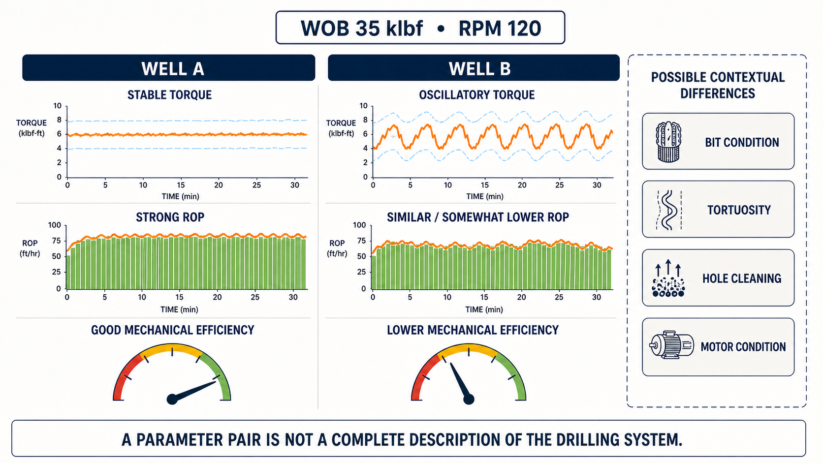 Two wells operating at the same WOB and RPM but showing different torque, ROP, and mechanical-efficiency responses.