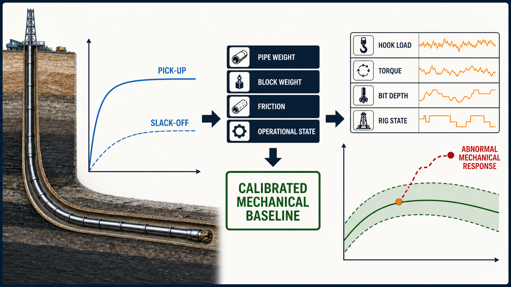Real-time hook-load measurements being reconciled with a calibrated torque-and-drag model.