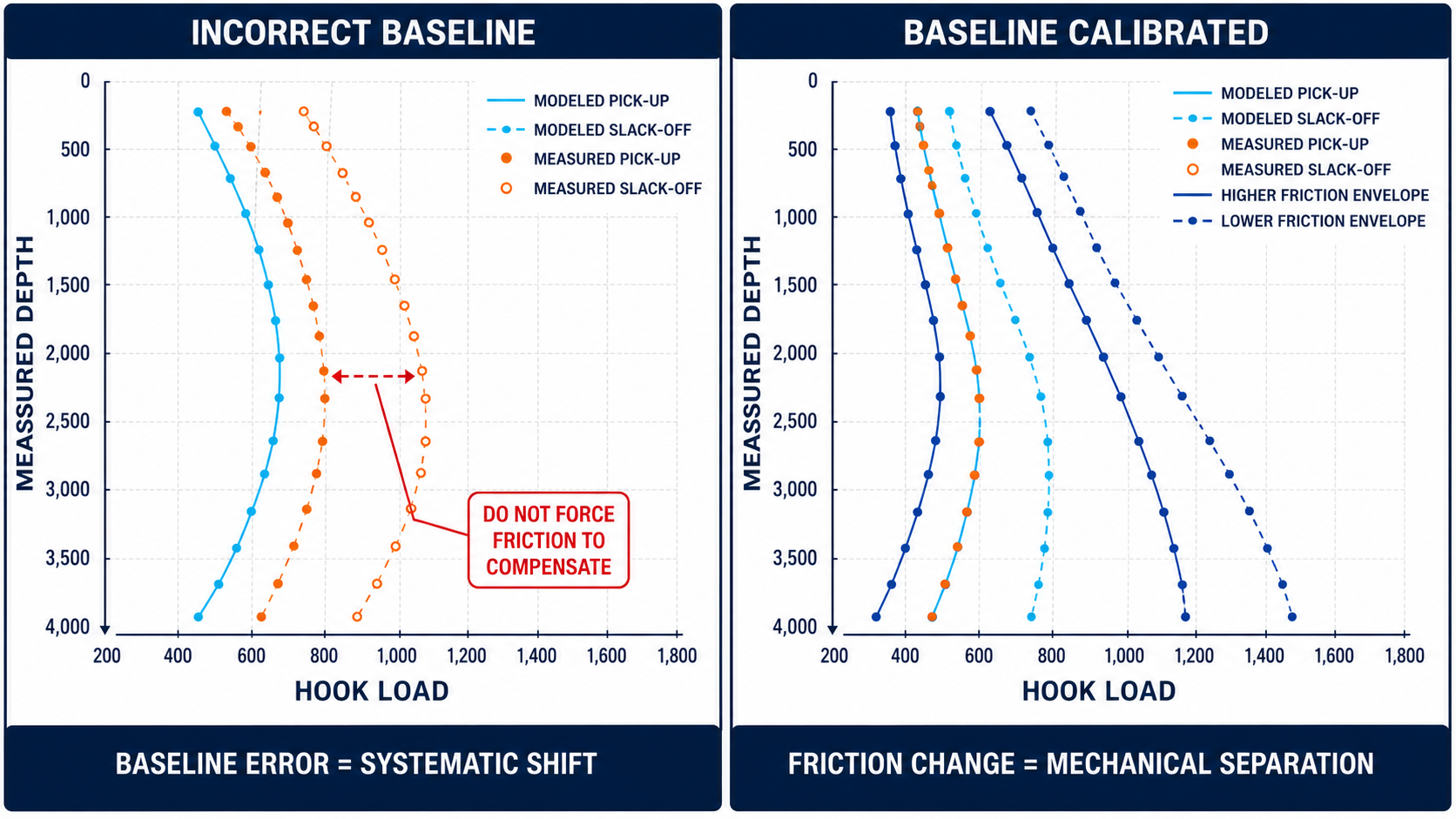 Two-panel comparison of systematic baseline hook-load error and friction-driven pick-up and slack-off separation.