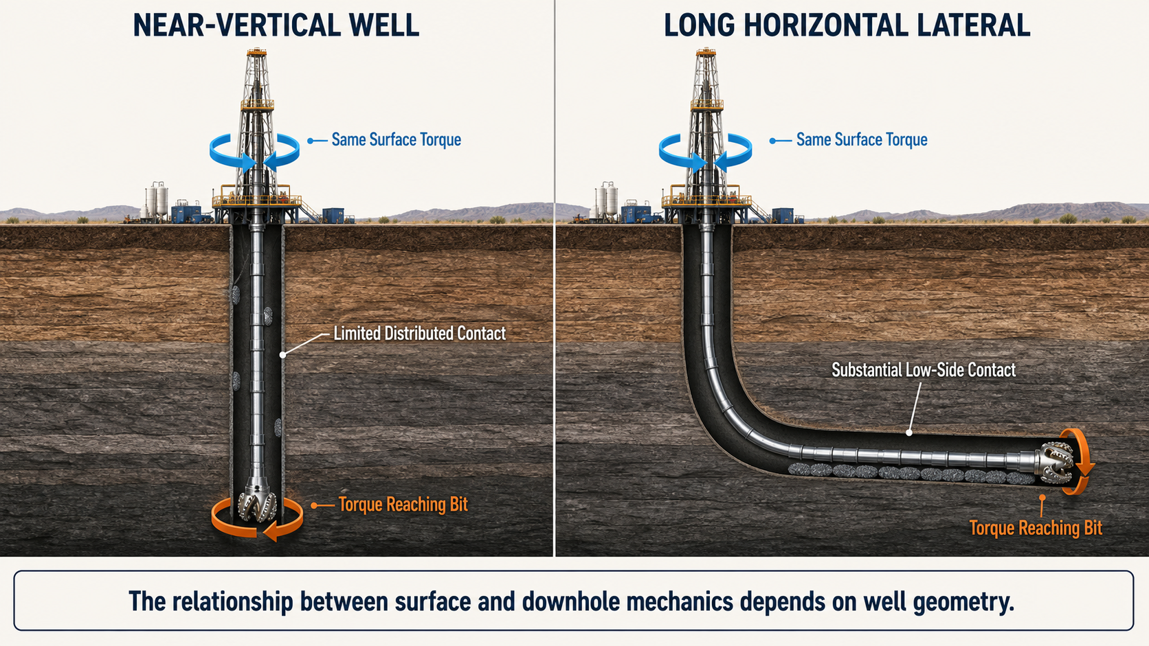 Near-vertical and horizontal wells showing different distributed drillstring contact