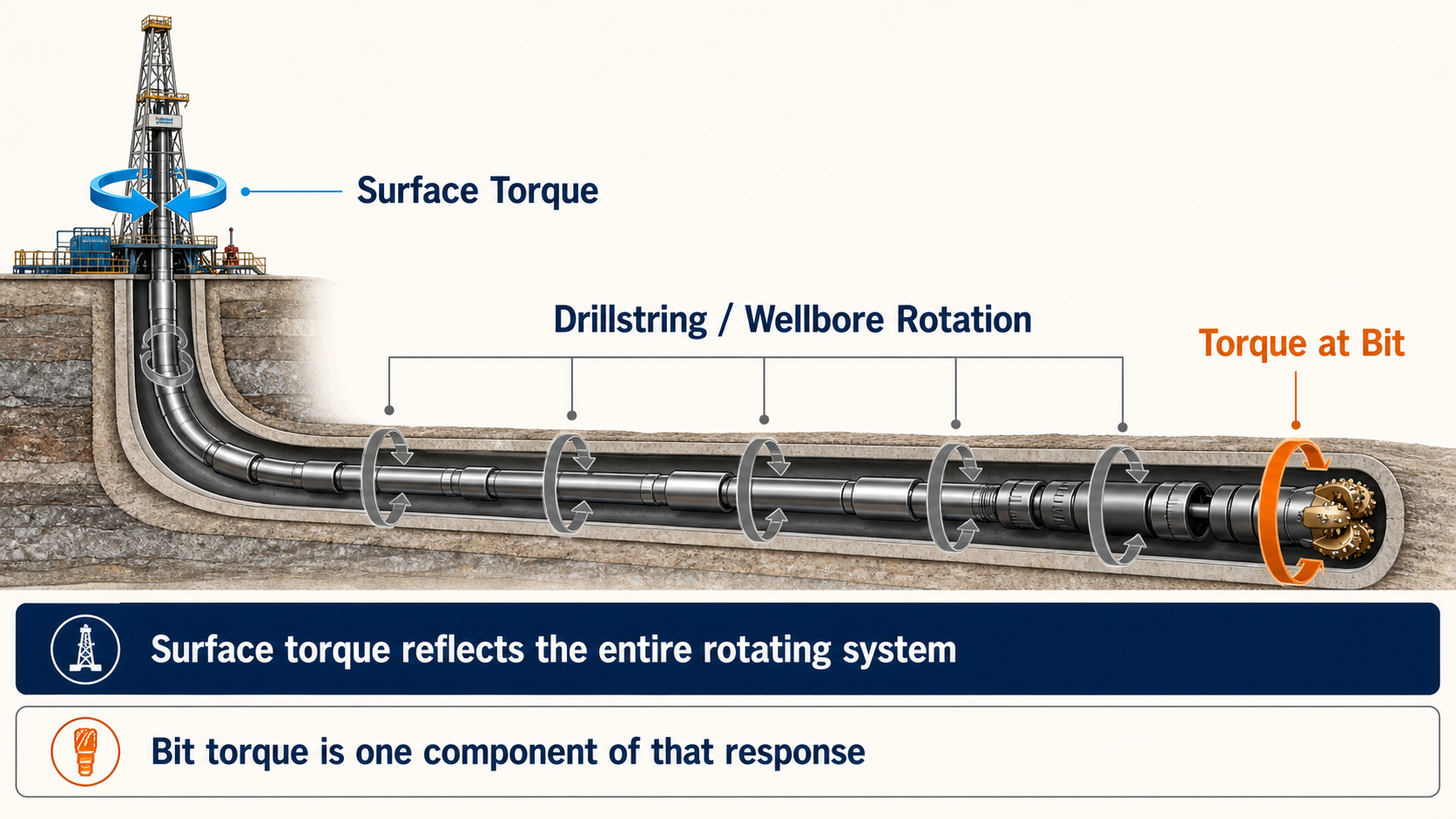 Horizontal drillstring showing surface torque, distributed rotational response, and torque at bit