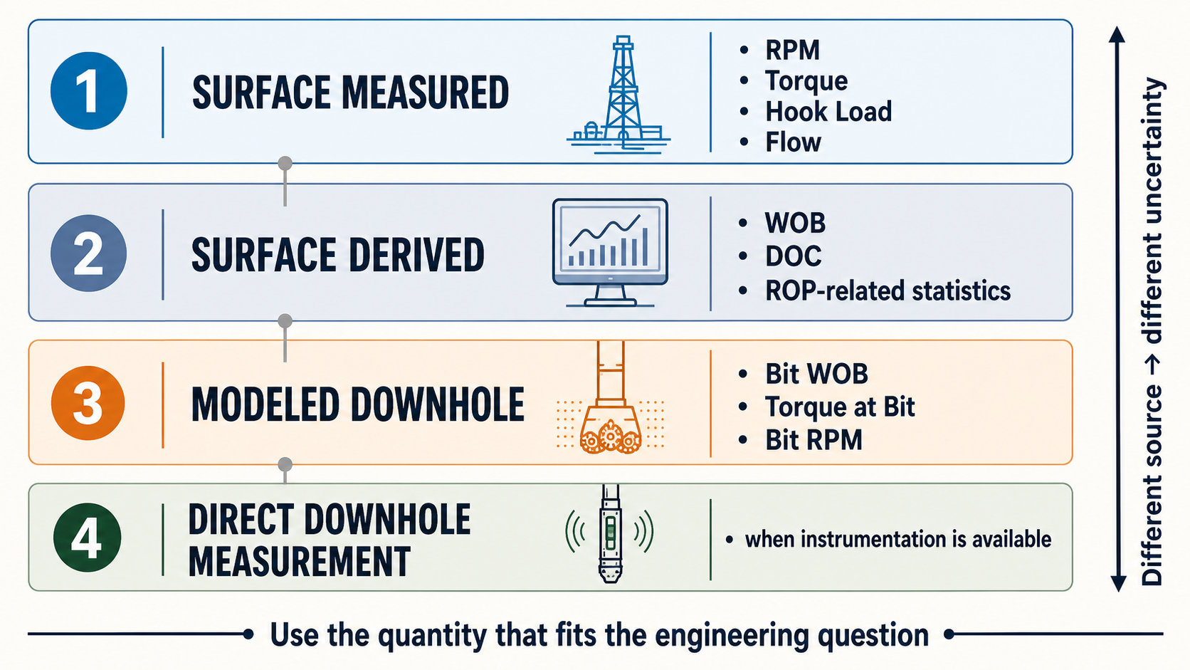 Hierarchy distinguishing surface-measured, surface-derived, modeled downhole, and direct downhole quantities