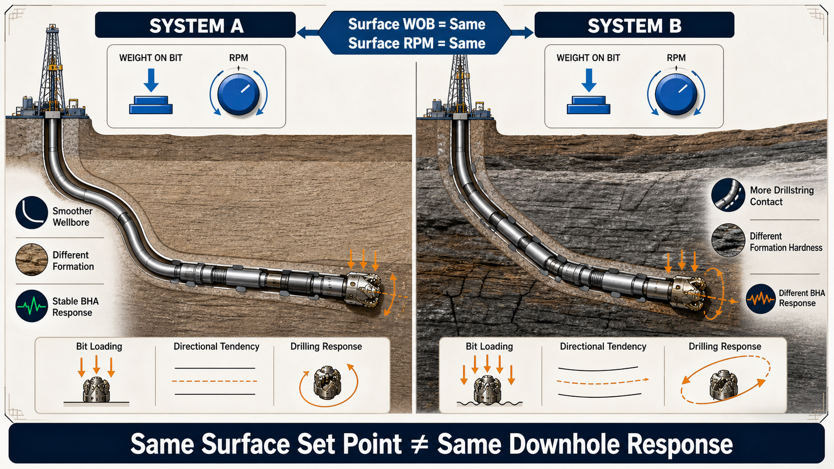 Two drilling systems with identical surface set points and different downhole responses