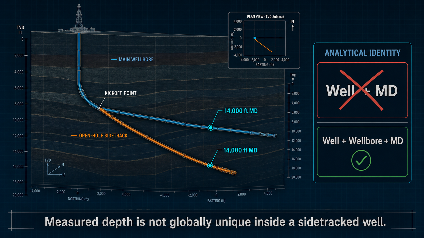 Main wellbore and open-hole sidetrack with separate locations at the same 14,000 ft measured depth.