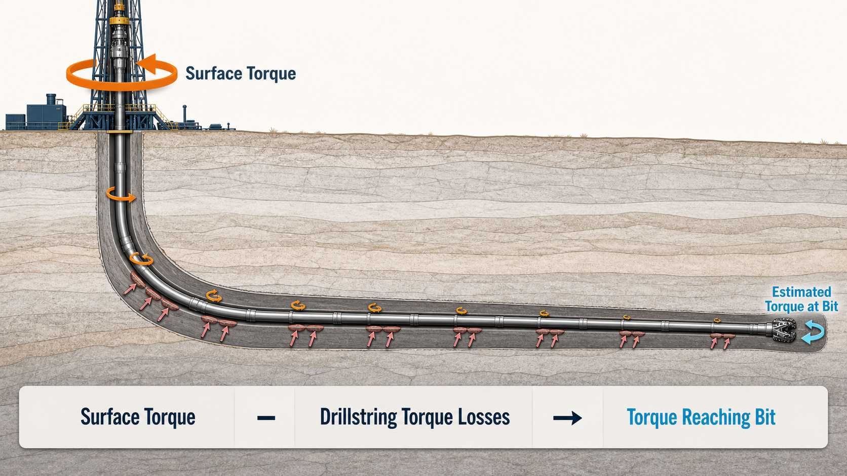 Long horizontal wellbore showing surface torque reduced by distributed drillstring friction before reaching the PDC bit