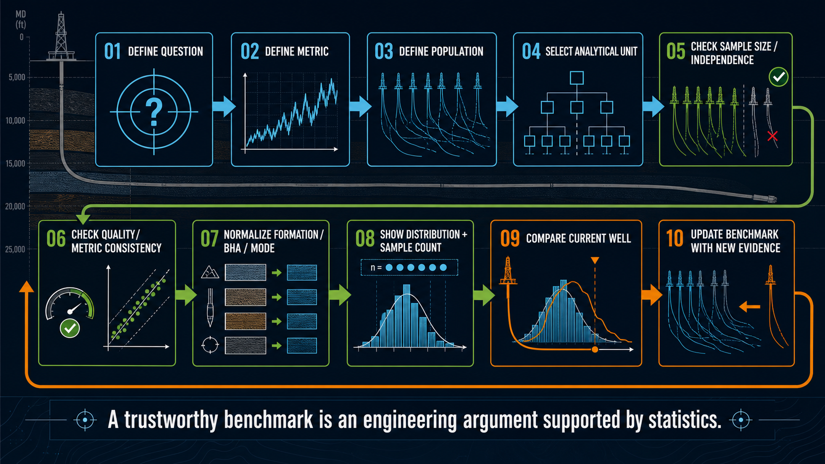 Workflow for defining and validating a statistical drilling benchmark