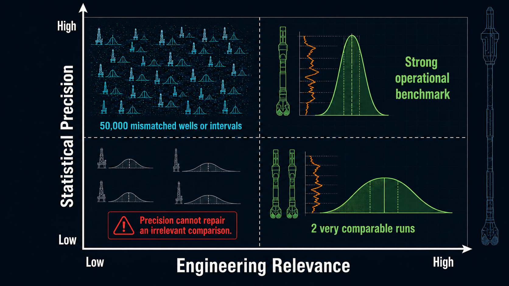 Matrix comparing statistical precision with engineering relevance