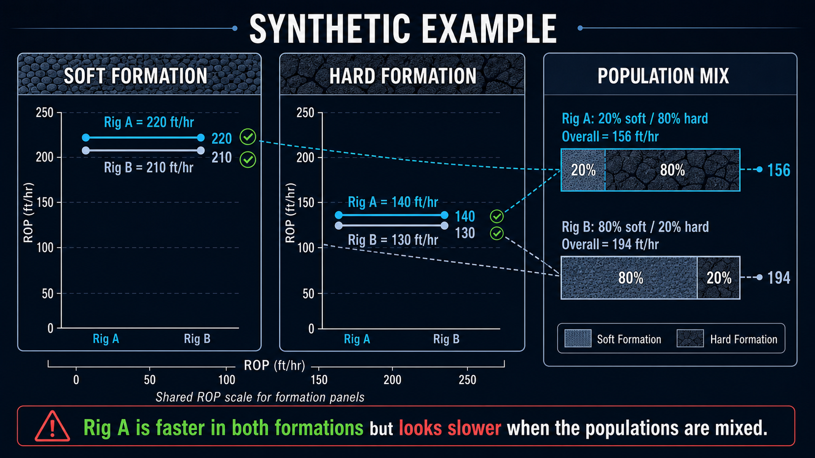 Synthetic Simpson's paradox example comparing Rig A and Rig B across formations