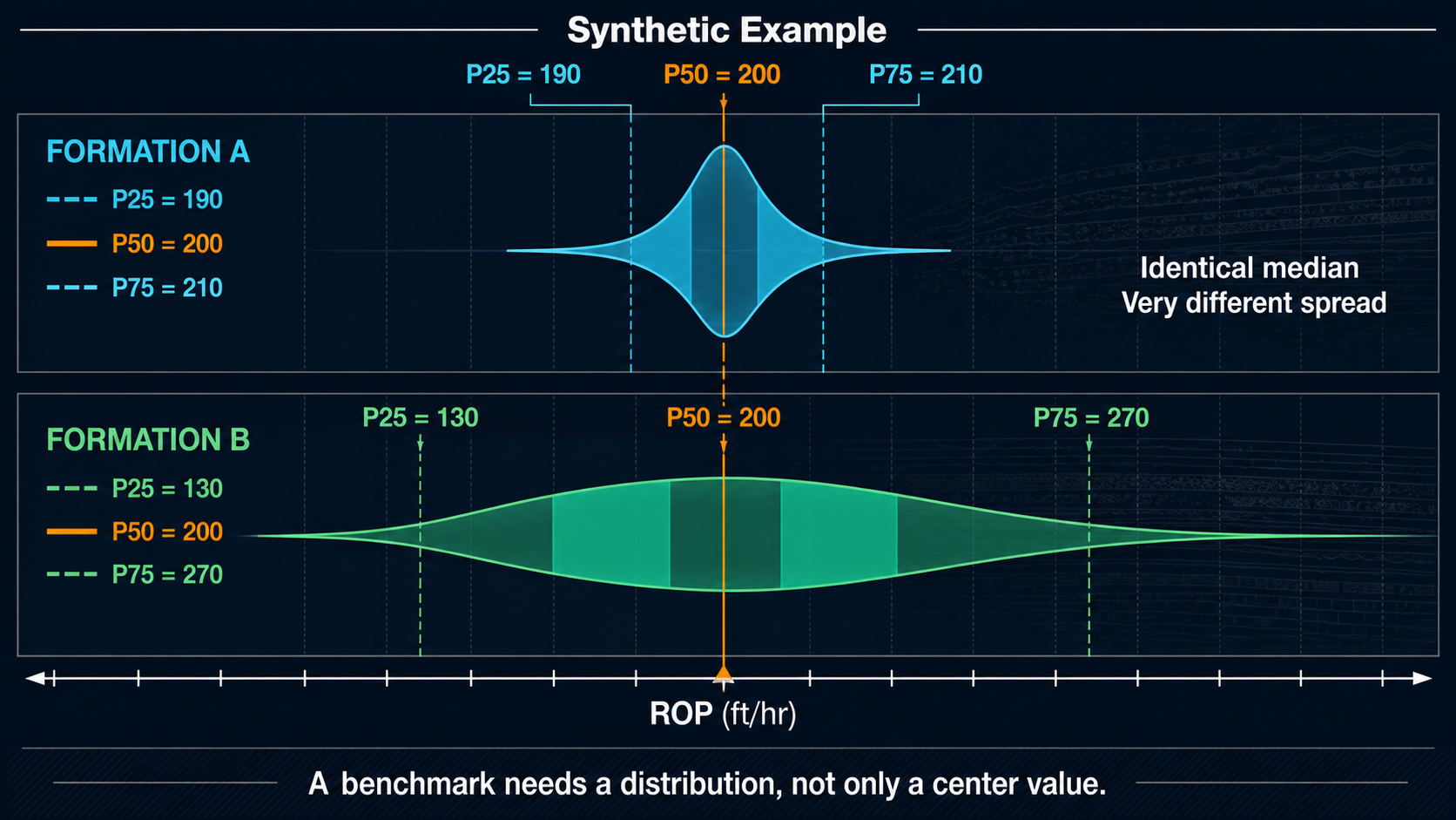 Two ROP distributions with the same median and different interquartile ranges